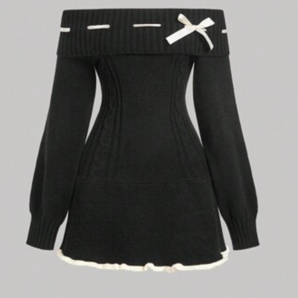 SHEIN Black Off-Shoulder Sweater Dress with Cream Accents